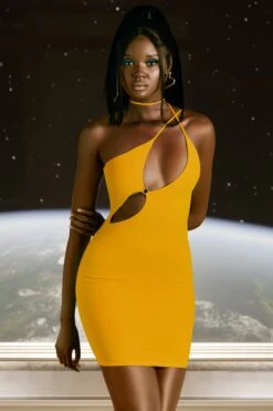 Asymmetric Cut Out Mini Dress In Yellow -Women Clothes Shop 4597 2 flex on you yellow cross strappy ring detail mini dress 1