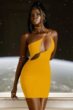 Asymmetric Cut Out Mini Dress In Yellow -Women Clothes Shop 4597 3 flex on you yellow cross strappy ring detail mini dress 1