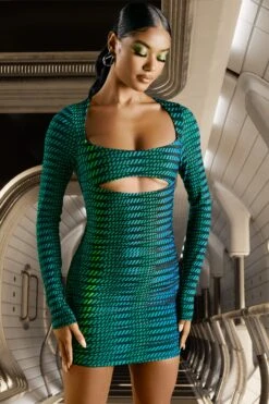 Long Sleeve Cut Out Mini Dress In Striped Print -Women Clothes Shop 4599 3 rip ride blue striped print sleeve cut out mesh mini dress