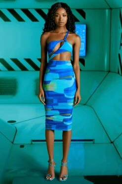 Asymmetric Cut Out Midi Dress In Blue Print -Women Clothes Shop 4602 1 evolving blue print asymetric cut out midi dress 1