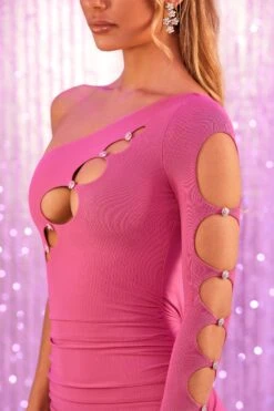 One Sleeve Cut Out Mini Dress In Pink 14 One Sleeve Cut Out Mini Dress In Pink -Women Clothes Shop 4692 4 immensity pink one sleeve cut out embellished mini dress