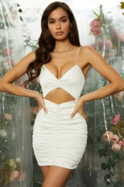 V Neckline Cut Out Ruched Mini Dress In Ivory -Women Clothes Shop 4717 5 what iwant ivory cutout bodycon ruched mini dress