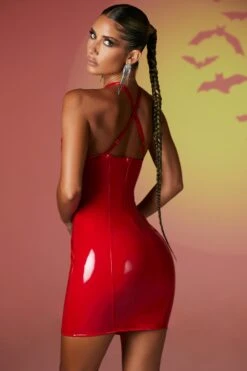 Vinyl Keyhole Neck Mini Dress In Red -Women Clothes Shop 4727 7 crazy for you red vinyl keyhole neckline mini dress 1