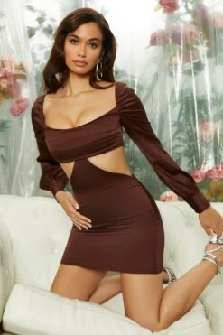 Ruched Bust Cut Out Long Sleeve Mini Dress In Brown -Women Clothes Shop 4759 9 hold me closer gathered bust long sleeve cut out mini dress