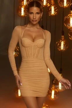 Long Sleeve Corset Mini Dress In Honey -Women Clothes Shop 4954 2 euphoria honey corset style long sleeve mesh double layered ruched mini dress