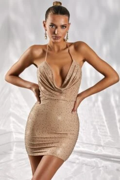 Cowl Neck Mini Dress In Gold -Women Clothes Shop 4962 7 pretty principle gold cowl neck plunge embellished bodycon mini dress 2