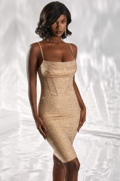 Cowl Neck Midi Dress In Gold -Women Clothes Shop 4963 2 no promises gold embellished knee lenght bodycon dress 1