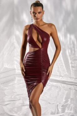 Cut Out Midi Dress In Burgundy -Women Clothes Shop 4979 2 runway burgundy cutout asymetric ruched midi dress