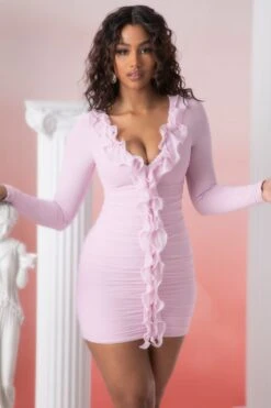 Long Sleeve Ruffle Detail Mini Dress In Pink -Women Clothes Shop 5019 2 oraya pink plunge ruffle detail long sleeve mini dress