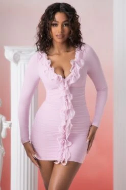 Long Sleeve Ruffle Detail Mini Dress In Pink -Women Clothes Shop 5019 3 oraya pink plunge ruffle detail long sleeve mini dress