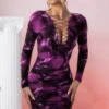 Lace Up Long Sleeve Mini Dress In Multi Print -Women Clothes Shop 5023 2 pragma multi long sleeve lace up printed bodycon mini dress
