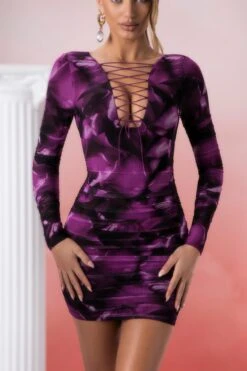 Lace Up Long Sleeve Mini Dress In Multi Print -Women Clothes Shop 5023 5 pragma multi long sleeve lace up printed bodycon mini dress