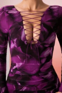 Lace Up Long Sleeve Mini Dress In Multi Print -Women Clothes Shop 5023 9 pragma multi long sleeve lace up printed bodycon mini dress