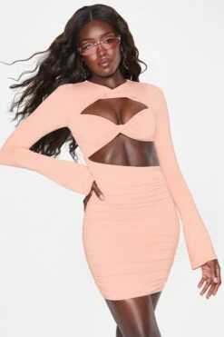Long Sleeve Twist Neckline Cut Out Mini Dress In Blush -Women Clothes Shop 5070 1 Blush Long Sleeve Twist Neckline Cutout Mini Dress