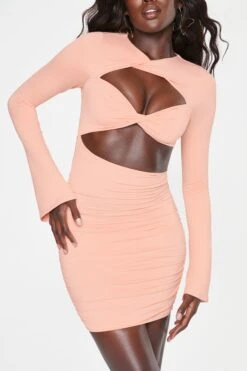 Long Sleeve Twist Neckline Cut Out Mini Dress In Blush -Women Clothes Shop 5070 2 Blush Long Sleeve Twist Neckline Cutout Mini Dress