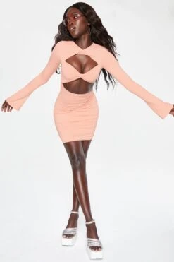Long Sleeve Twist Neckline Cut Out Mini Dress In Blush -Women Clothes Shop 5070 5 Blush Long Sleeve Twist Neckline Cutout Mini Dress