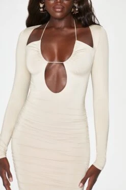 Long Sleeve Cut Out Halterneck Midi Dress In Beige -Women Clothes Shop 5079 2 Beige Halter Neck Long Sleeves Midi Dress