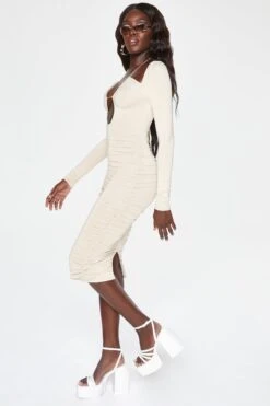Long Sleeve Cut Out Halterneck Midi Dress In Beige -Women Clothes Shop 5079 3 Beige Halter Neck Long Sleeves Midi Dress