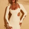 Cut Out Sleeve Mini Dress In Cream -Women Clothes Shop 5082 3 Cream Cutout Tie Sleeve Mini Dress