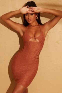 Cut Out Halter Neck Mini Dress In Rust -Women Clothes Shop 5096 1 Jordan Rust Cut Out Mini Dress