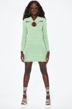 Long Sleeve Keyhole Mini Dress In Green