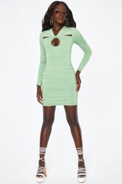 Long Sleeve Keyhole Mini Dress In Green -Women Clothes Shop 5106 7 Green Long Sleeve Keyhole Cutout Mini Dress