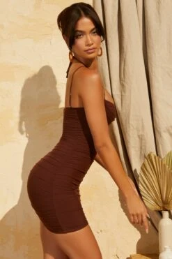 Cowl Neck Layered Mini Dress In Brown -Women Clothes Shop 5133 6 Zita Brown Cowl Layered Mini Dress 1