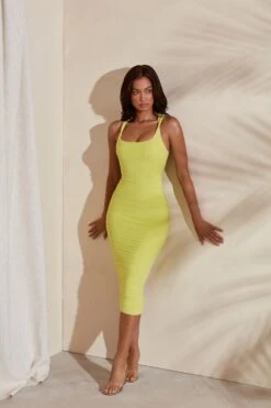 Twist Strap Ruched Midi Dress In Lime -Women Clothes Shop 5149 2 Lucilla Lime Twist Strap Ruched Bodycon Midi Dress