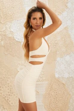 Cut Out Plunge Mini Dress In Ivory -Women Clothes Shop 5176 6 Rosa Ivory Ruched Cut Out Plunge Mini Dress