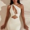 One Shoulder Cut Out Mini Dress In Ivory -Women Clothes Shop 5181 1 Valenka Ivory One Shoulder Draped Cut Out Mini Dresscopy2