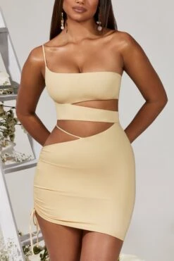 Side Cut Out Ruched Mini Dress In Cream -Women Clothes Shop 5213 3 Yari White Side Cut Out Ruched Mini Dress