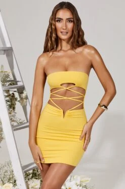 Cut Out Lace Up Mini Dress In Yellow -Women Clothes Shop 5214 2 Aurelia Yellow Cut Out Lace Up Mini Dress 1