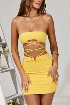 Cut Out Lace Up Mini Dress In Yellow -Women Clothes Shop 5214 5 Aurelia Yellow Cut Out Lace Up Mini Dress 1