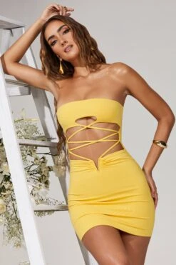 Cut Out Lace Up Mini Dress In Yellow