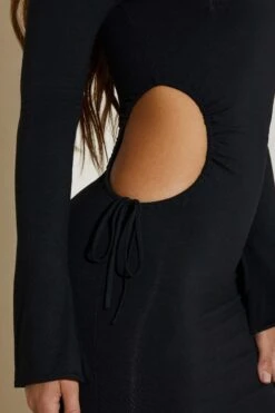 Ruched Cut Out Sides Long Sleeve Mini Dress In Black -Women Clothes Shop 5250 4 Rumi Black Ruched Cut Out Sides Mini Dress