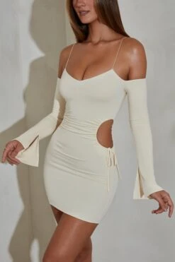 Ruched Cut Out Sides Long Sleeve Mini Dress In Ivory -Women Clothes Shop 5250 5 Ivory Ruched Cut Out Sides Mini Dress