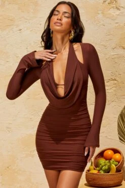 Halterneck Mini Dress In Brown 17 Halterneck Mini Dress In Brown -Women Clothes Shop 5261 1 Valente Brown Long Sleeve Halter Neck Mini Dress