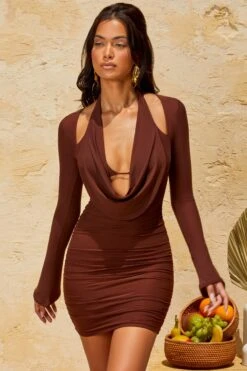 Halterneck Mini Dress In Brown 15 Halterneck Mini Dress In Brown -Women Clothes Shop 5261 2 Valente Brown Long Sleeve Halter Neck Mini Dress