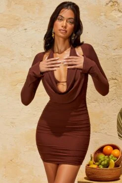 Halterneck Mini Dress In Brown 19 Halterneck Mini Dress In Brown -Women Clothes Shop 5261 3 Valente Brown Long Sleeve Halter Neck Mini Dress