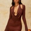 Halterneck Mini Dress In Brown 1 Halterneck Mini Dress In Brown -Women Clothes Shop 5261 4 Valente Brown Long Sleeve Halter Neck Mini Dress