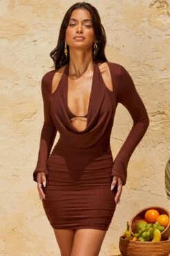 Halterneck Mini Dress In Brown 18 Halterneck Mini Dress In Brown -Women Clothes Shop 5261 5 Valente Brown Long Sleeve Halter Neck Mini Dress