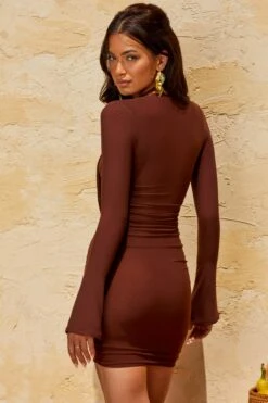 Halterneck Mini Dress In Brown 16 Halterneck Mini Dress In Brown -Women Clothes Shop 5261 8 Valente Brown Long Sleeve Halter Neck Mini Dress