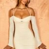 Fluted Sleeve Mini Dress In Ivory -Women Clothes Shop 5265 3 Odysee Ivory Double Neckline Mini Dress Fluted Sleeves