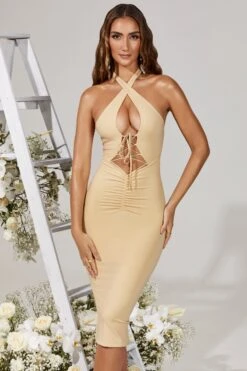 Halter Lace Up Ruched Midi Dress In Cream -Women Clothes Shop 5274 1 Carmela White Halter Lace Up Ruched Midi Dress