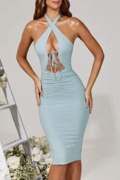 Halter Lace Up Ruched Midi Dress In Blue -Women Clothes Shop 5274 4 Carmela Blue Halter Lace Up Ruched Midi Dress 2