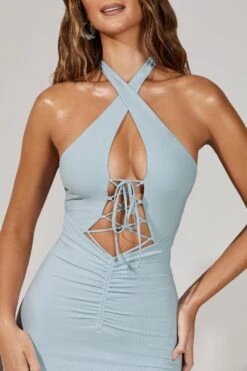 Halter Lace Up Ruched Midi Dress In Blue -Women Clothes Shop 5274 5 Carmela Blue Halter Lace Up Ruched Midi Dress 2