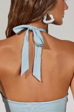 Halter Lace Up Ruched Midi Dress In Blue -Women Clothes Shop 5274 7 Carmela Blue Halter Lace Up Ruched Midi Dress 2