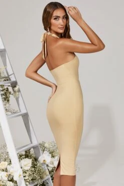 Halter Lace Up Ruched Midi Dress In Cream -Women Clothes Shop 5274 8 Carmela White Halter Lace Up Ruched Midi Dress