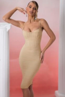 Corset Detail Midi Dress In Stone -Women Clothes Shop 5307 4 Eftychia Stone Corset Detail Midi Dress