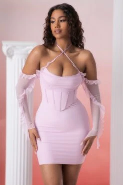 Frill Detail Cowl Neck Mini Dress In Pink -Women Clothes Shop 5310 2 makaria pink frill detailed cowled cortset mini dress